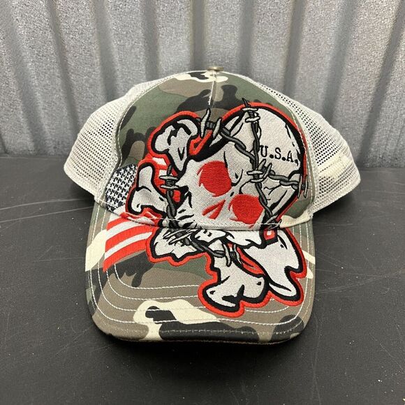 Red Monkey Hat Men Camouflage Snapback Cap Skull USA LA Barb Wire Biker - Picture 1 of 7